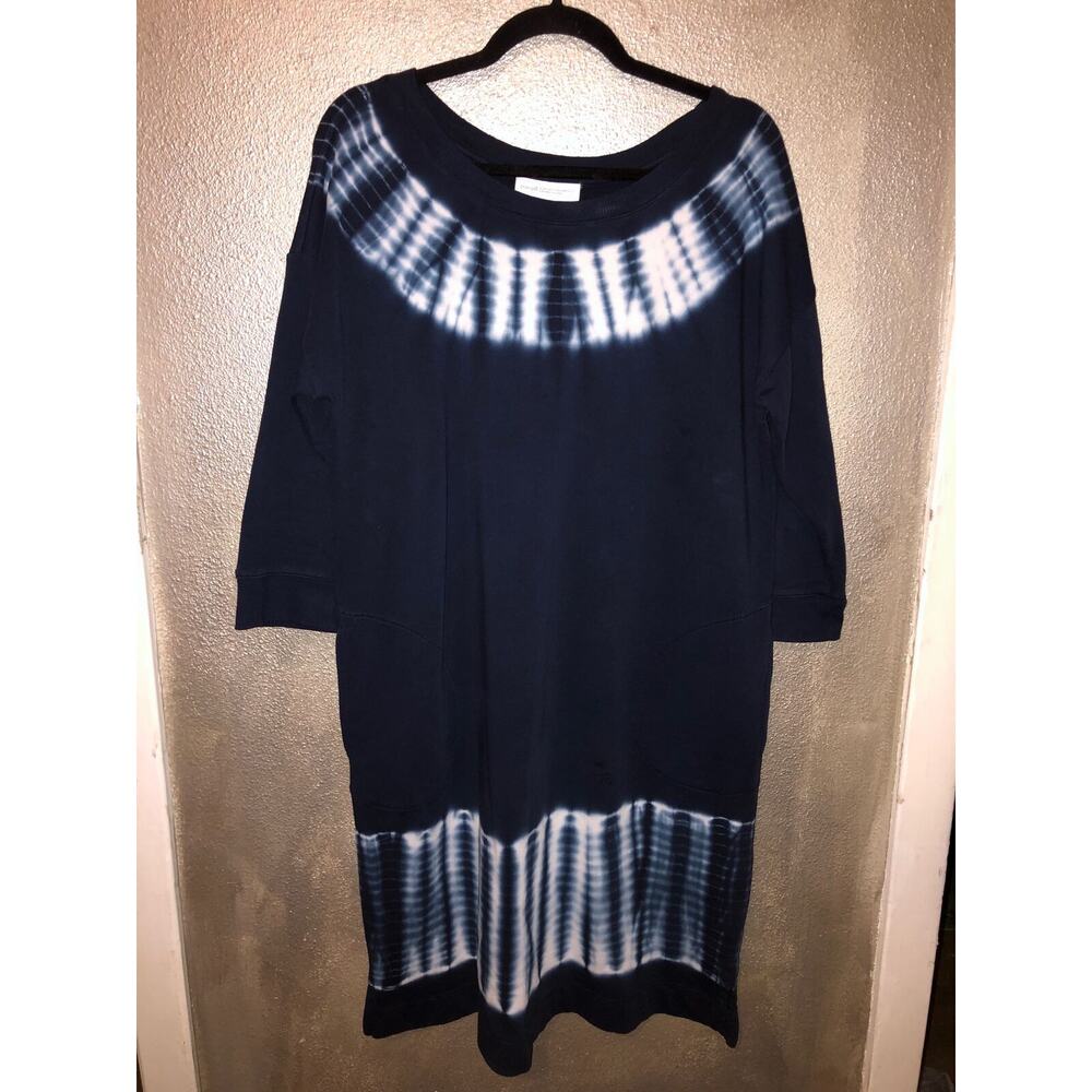 J JIll Pure Blue & White Tie Dye 3/4 Sleeve Sweatshirt Pocket Dress Medium
